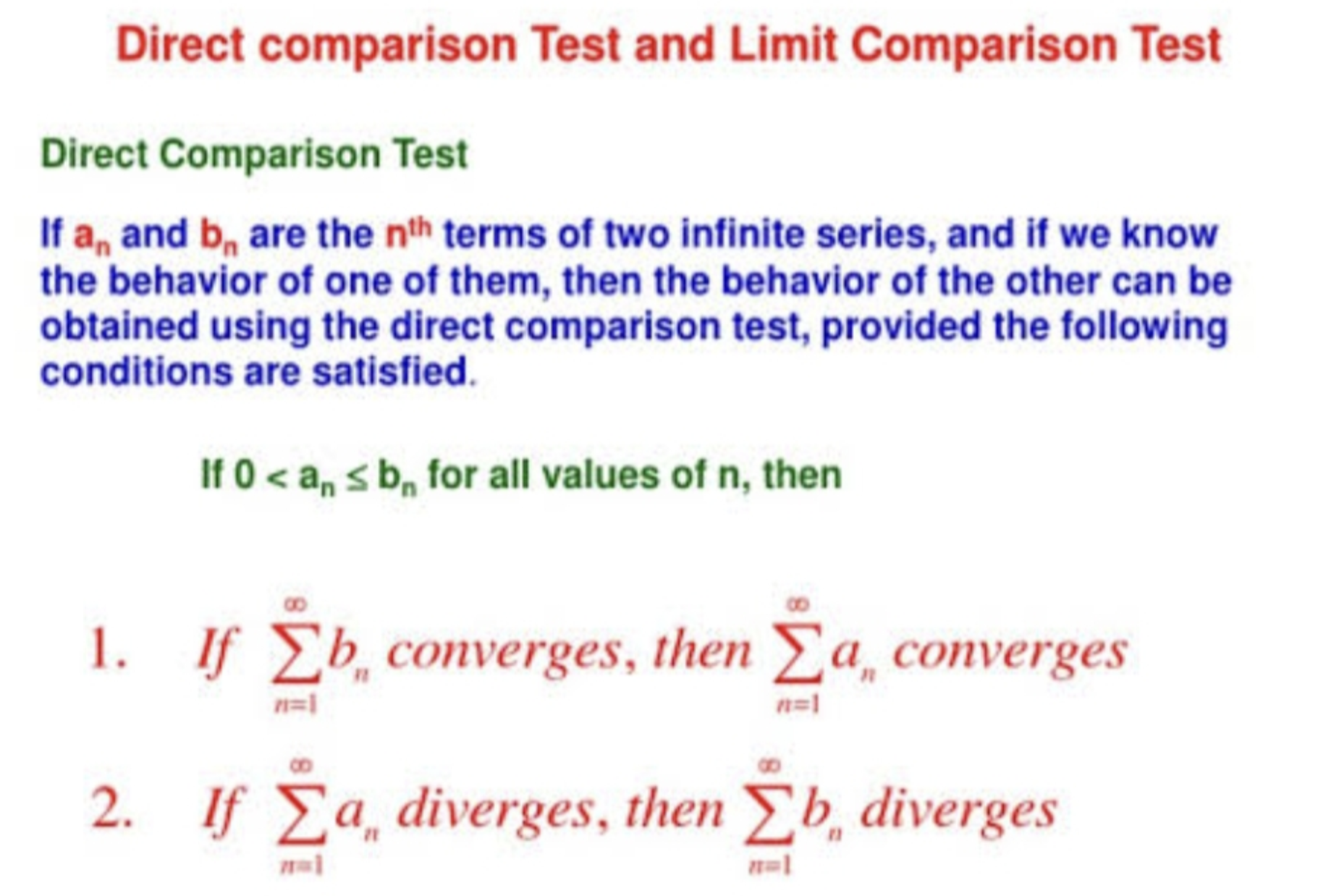 diverge n=0 n=0Direct comparison Test and Limit Comparison Test Direct Comparison Test