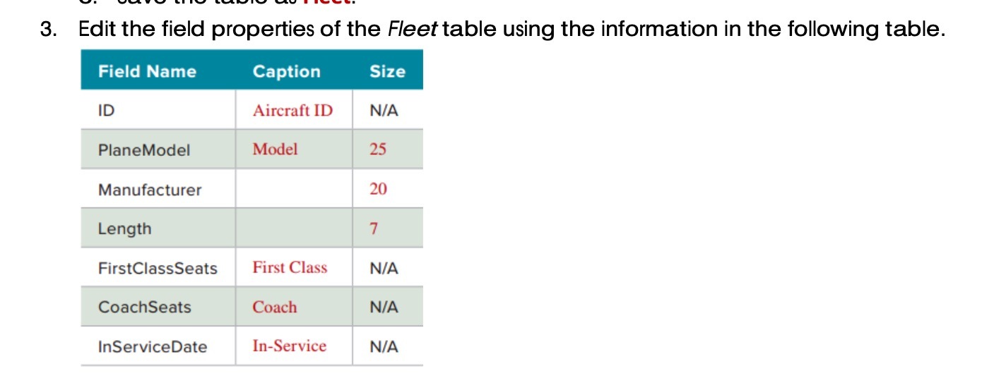  3. Edit the field properties of the Fleet table using the