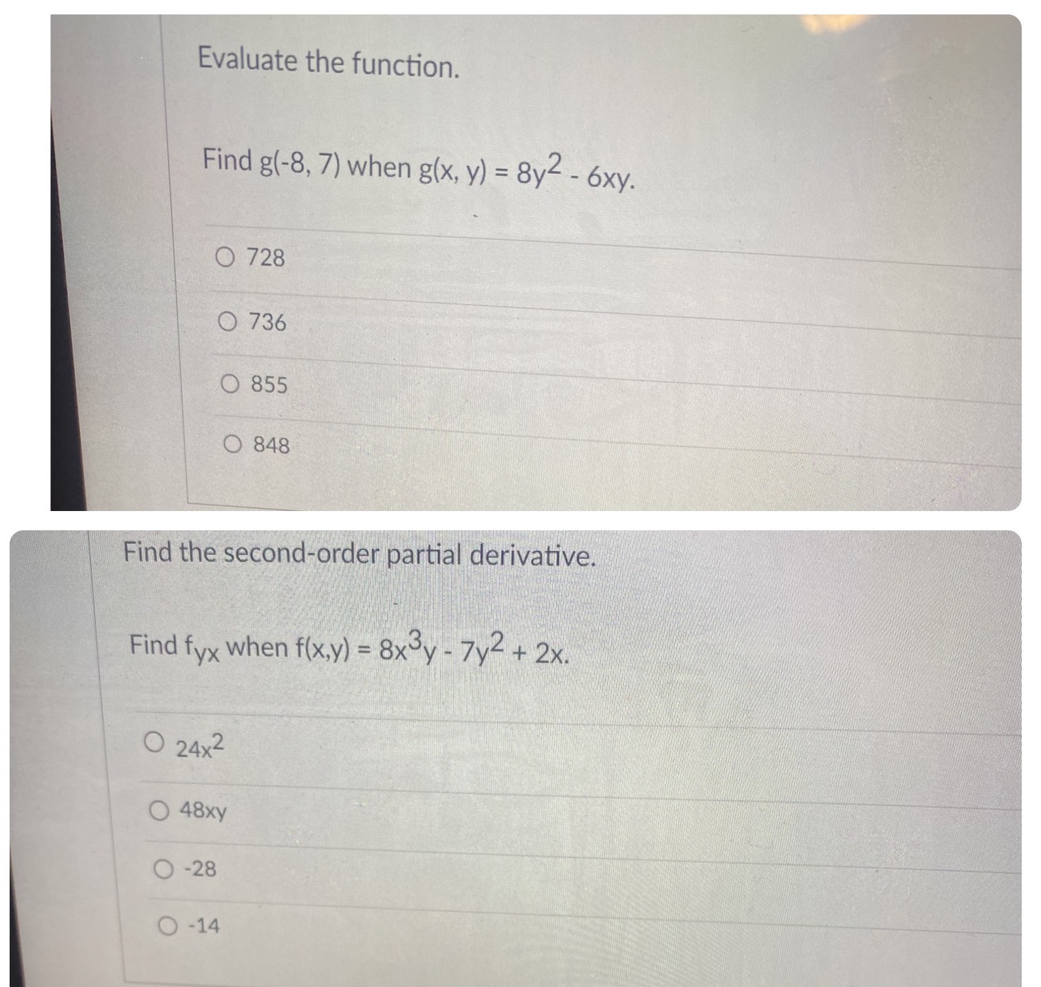 when g(x, y) = 8y2 - 6xy. O 728 O 736 O