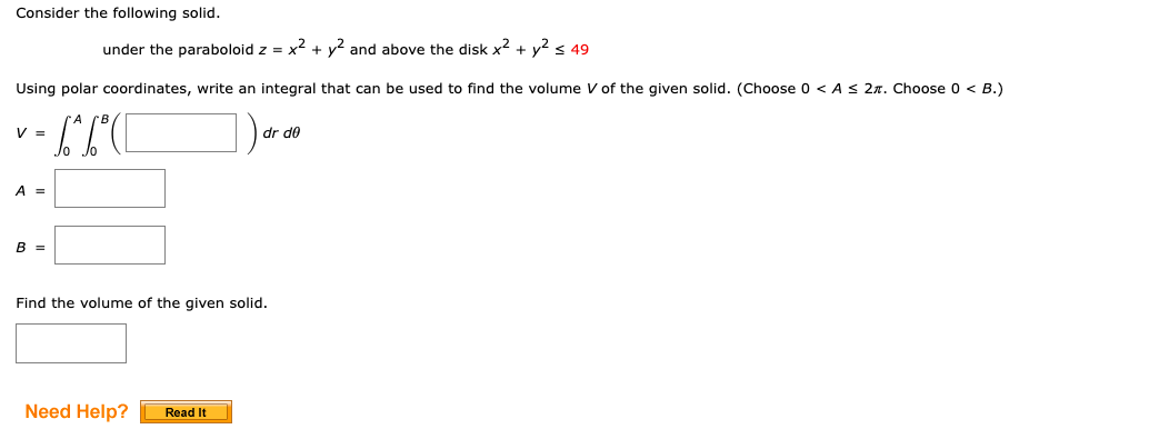 + 1/2 and above the disk x2 + y2 5 49 Using