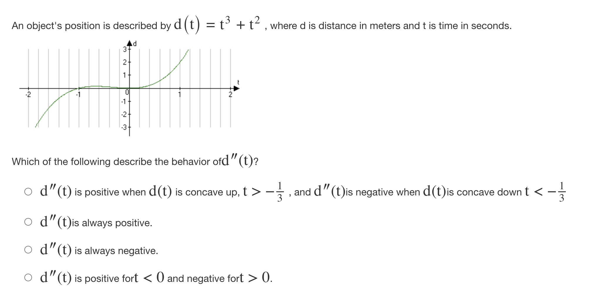 d(t)is concave down t 0. Which of the following are true? 0