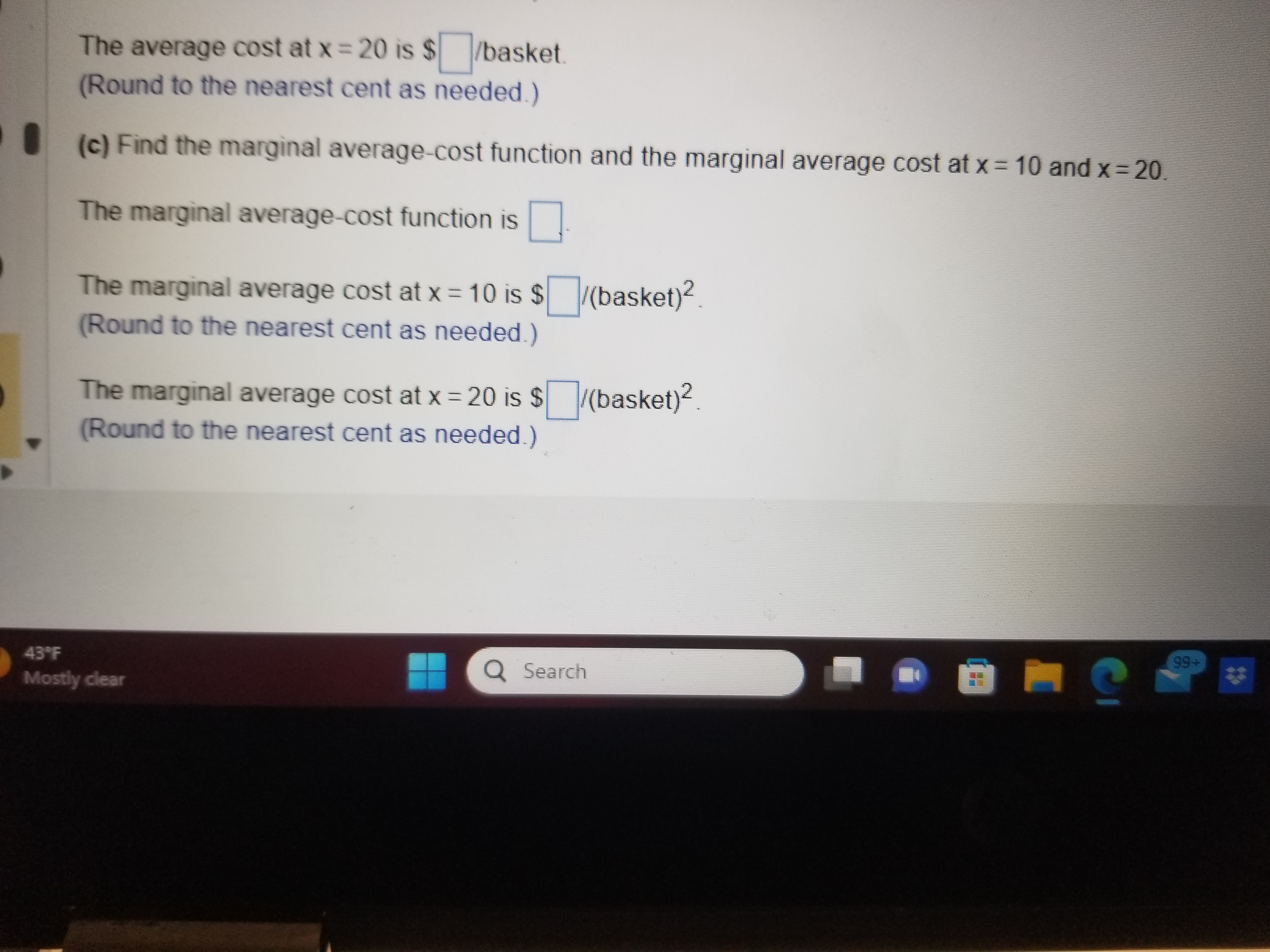 = 10 and x = 20 The average-cost function is The average