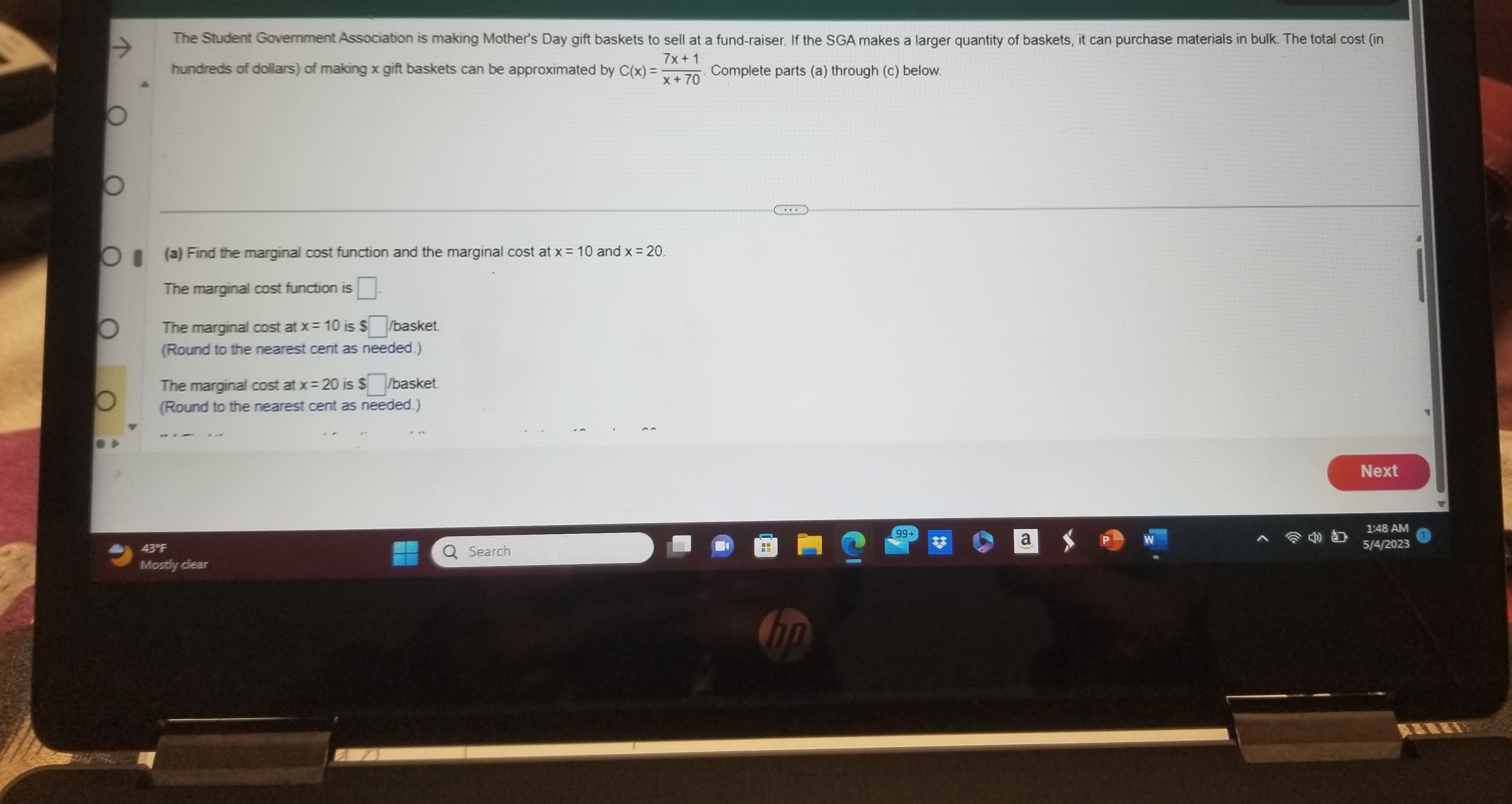 average-cost function and the marginal average cost at x = 10 and
