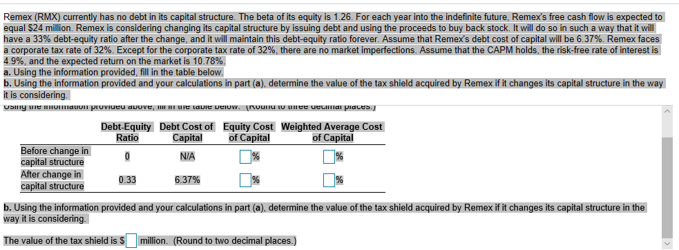 capital structure. The beta of its equity is 1.26 1.26. For each