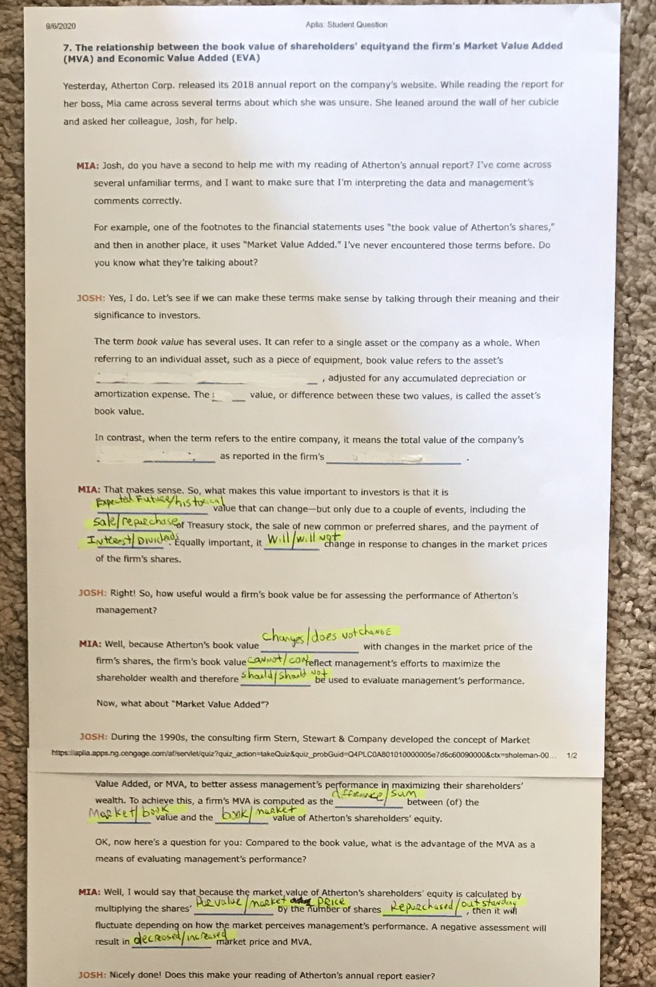 I need help with the The ((((highlighted Section))))) 9/6/2020 Aplia: Student