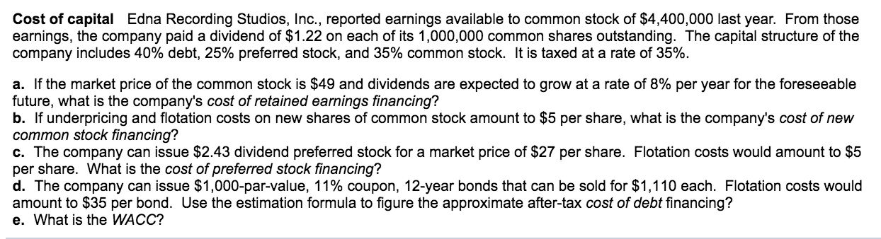 if possible. Thank you kindly. Cost of capital Edna Recording Studios, Inc.,