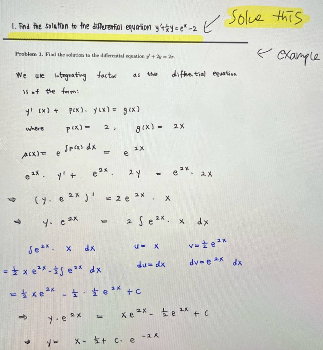 example question 1 . Find the solution to the differential equation y'thy
