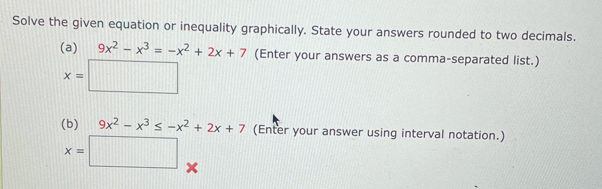 Solve the given equation or inequality graphically. State your answers rounded