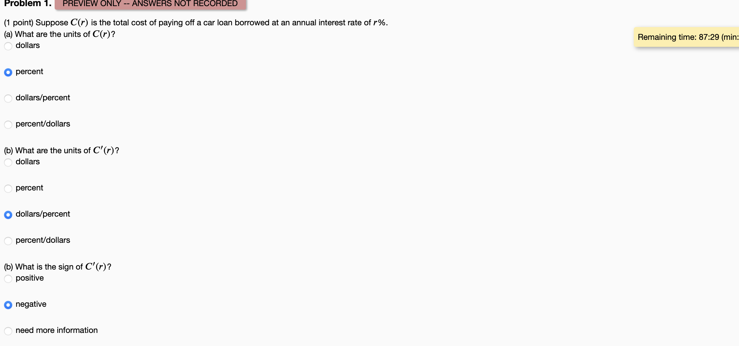 (b) What is the sign of C'(r)? positive 0 negative need more