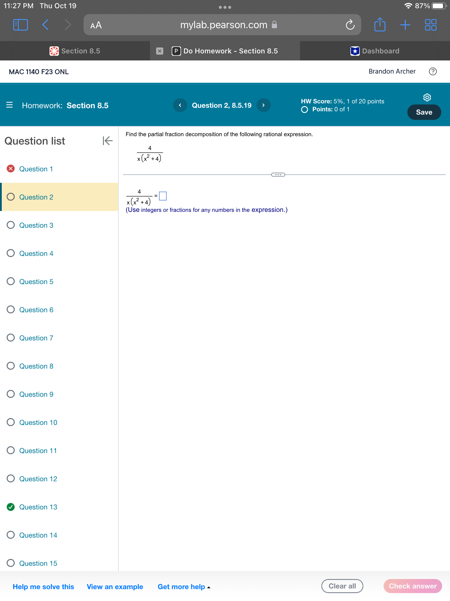 Dashboard MAC 1140 F23 ONL Brandon Archer Homework: Section 8.5 Write the