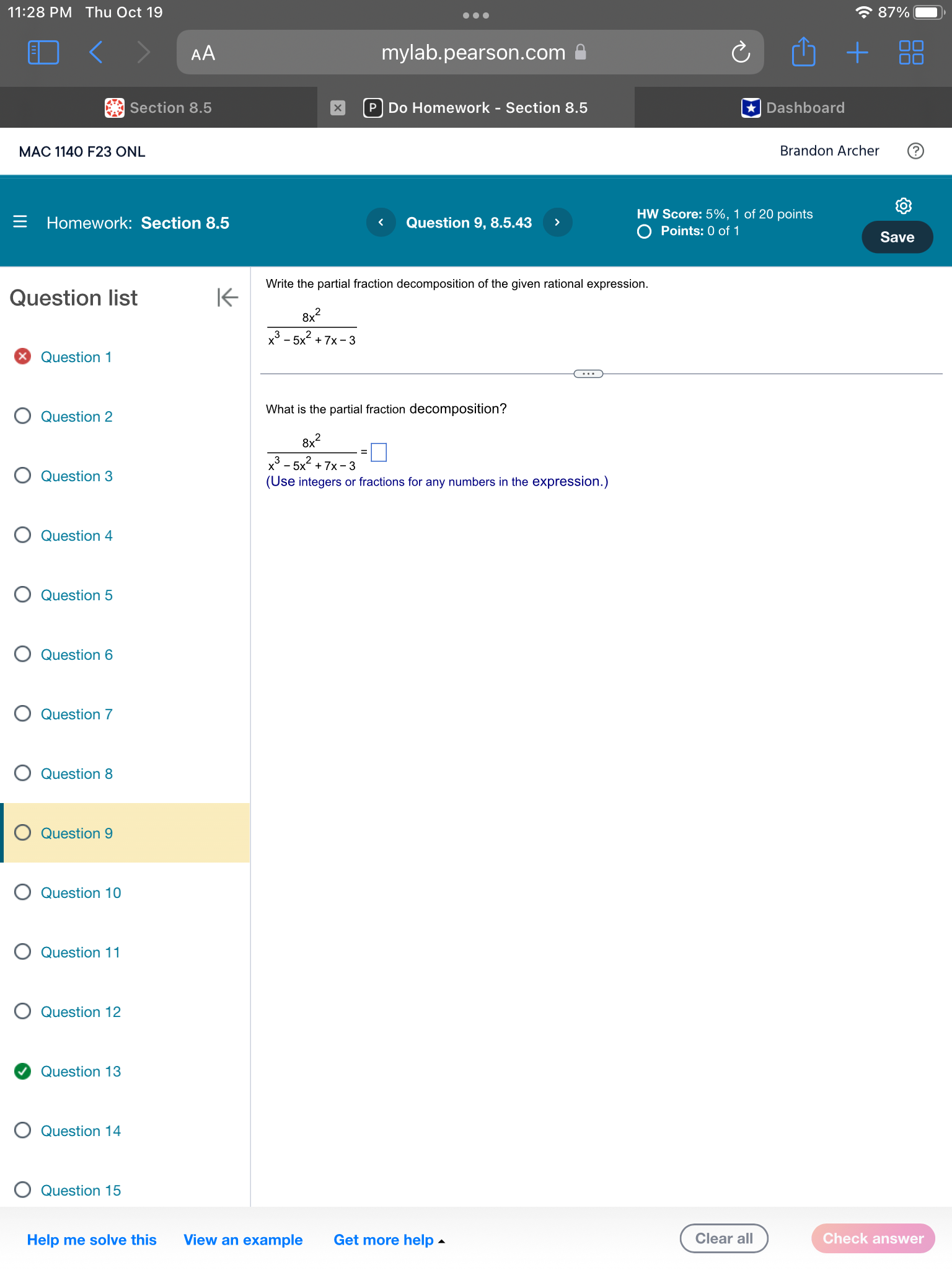 partial fraction decomposition of the given rational expression. Question list l x2