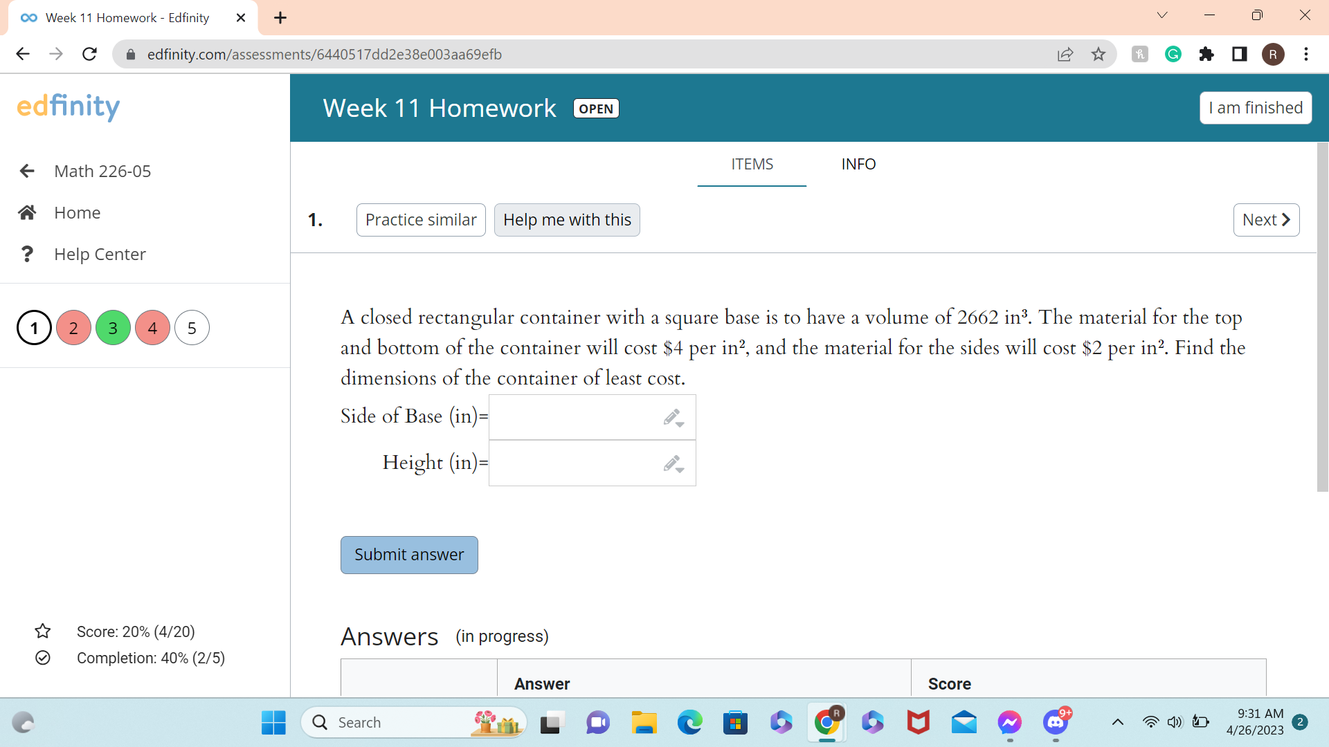  co Week 11 Homework - Edfinity X + V X C