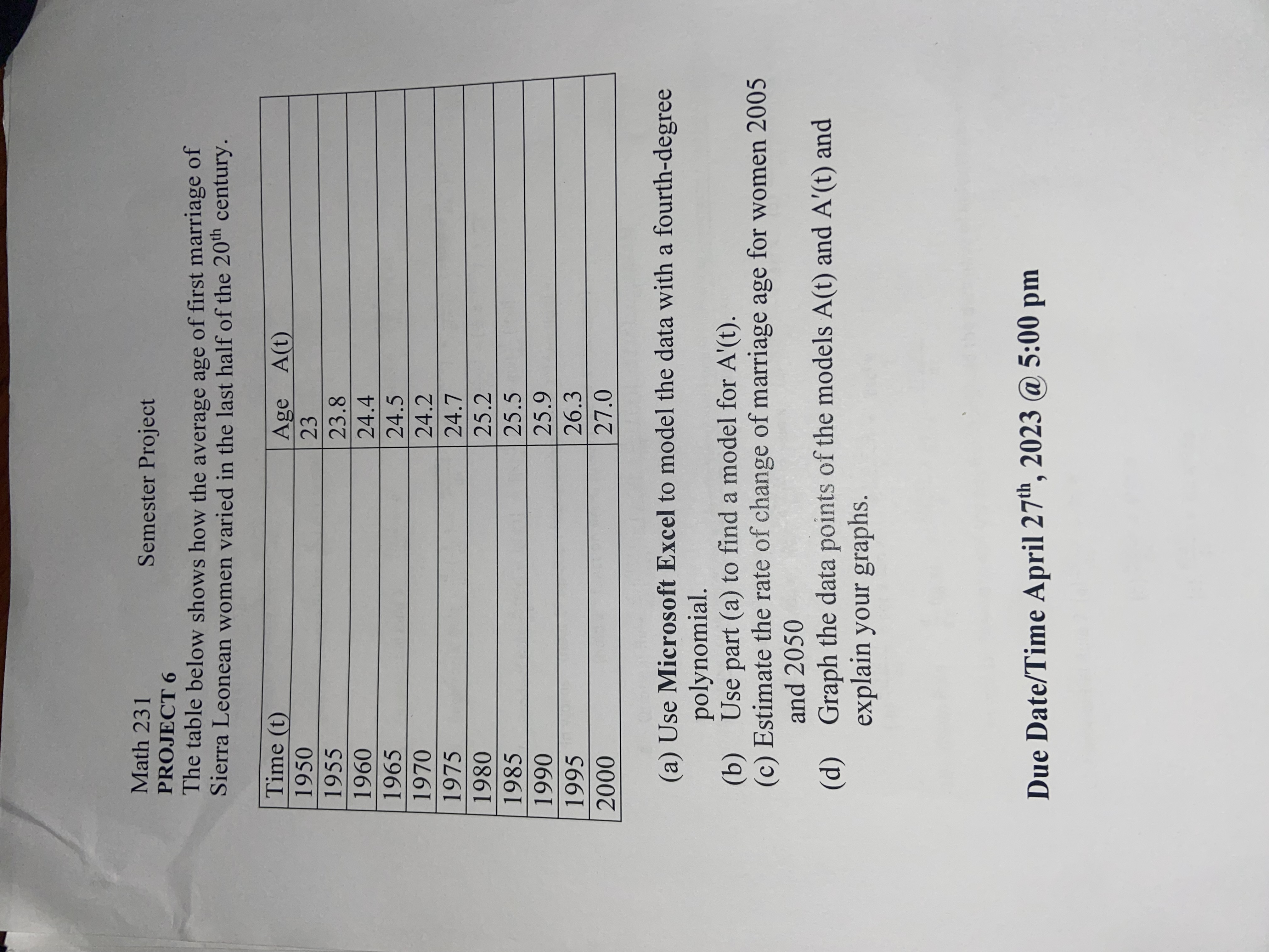  Math 231 Semester Project PROJECT 6 The table below shows how