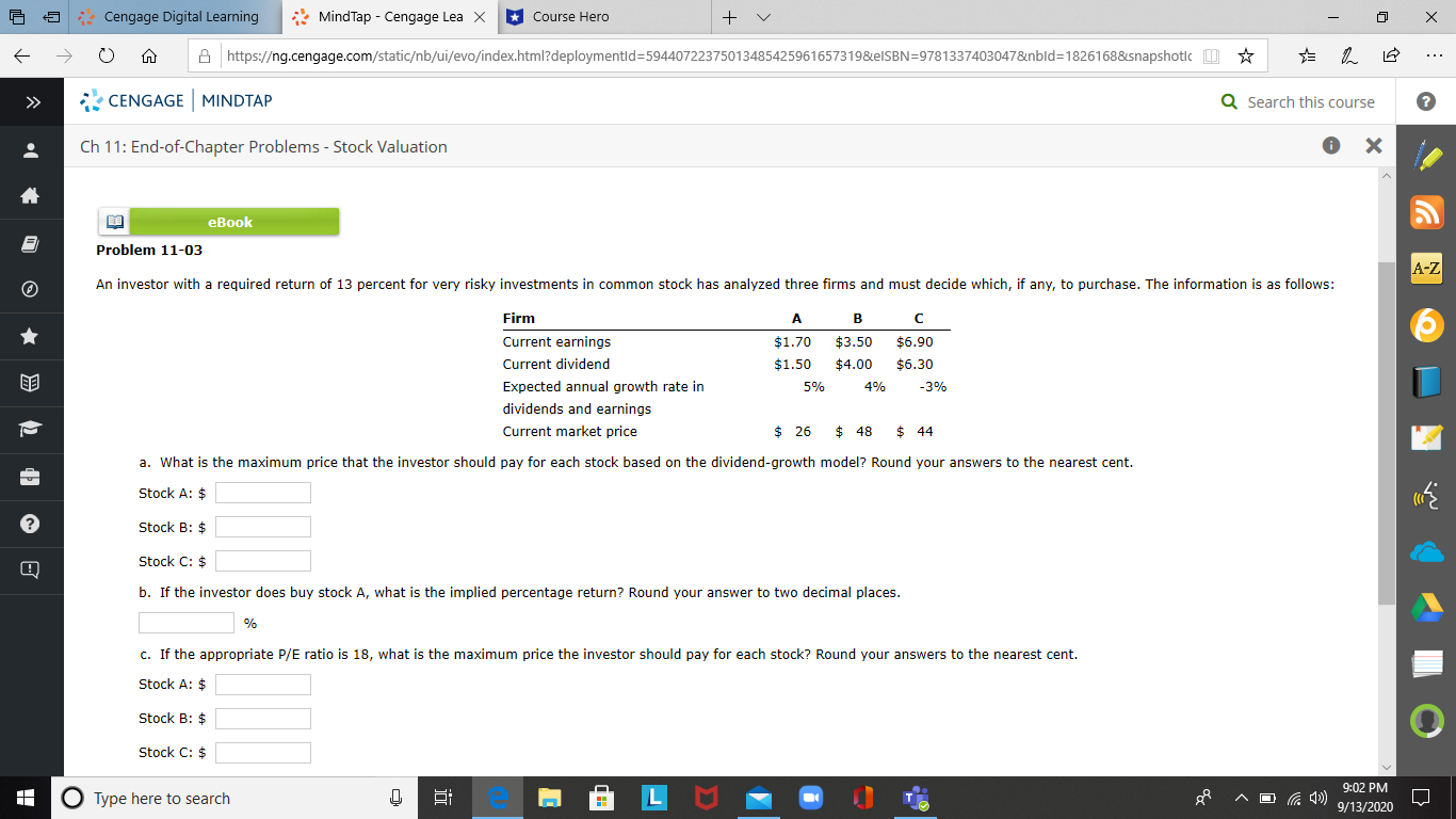 Q Search this course 0 Ch 11: End-ofChapter Problems - Stock Valuation