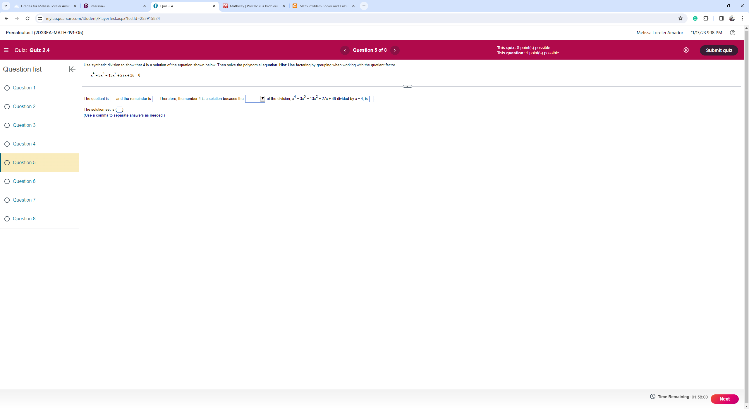 possible This question: 1 point(s) possible Submit quiz Question list K Use