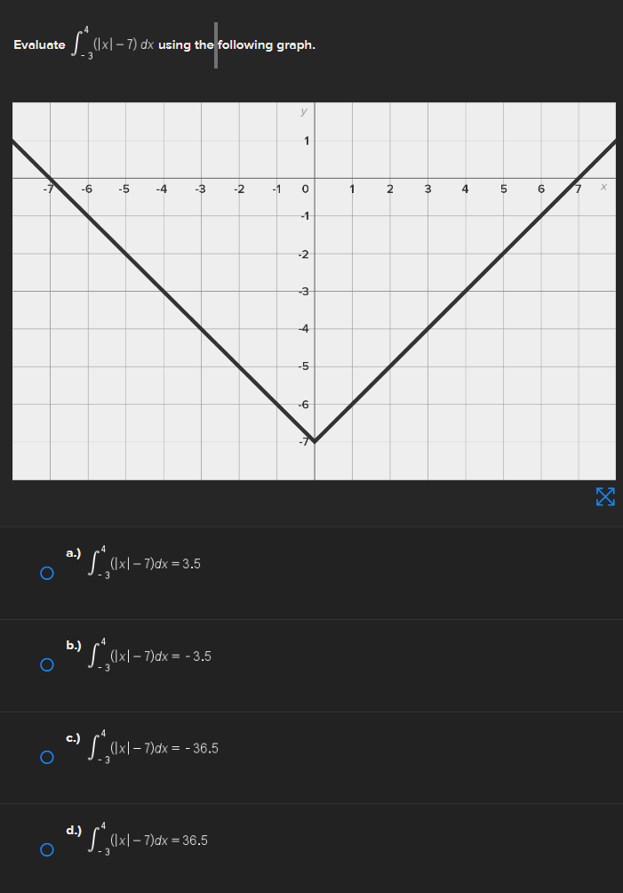 parentheses open vertical bar x close vertical bar minus 7 close parentheses