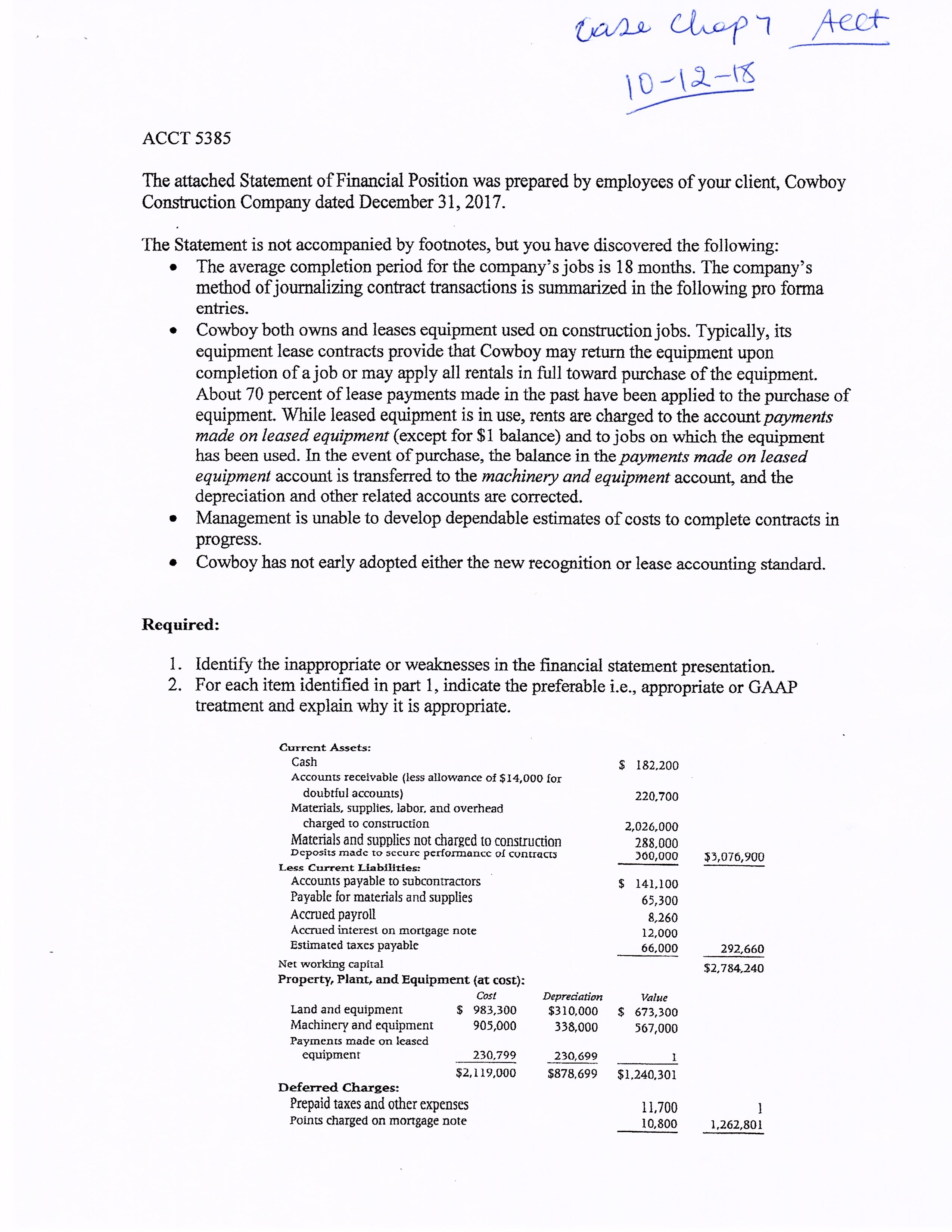 prepared by employees of your client, Cowboy Construction Company dated December 31,