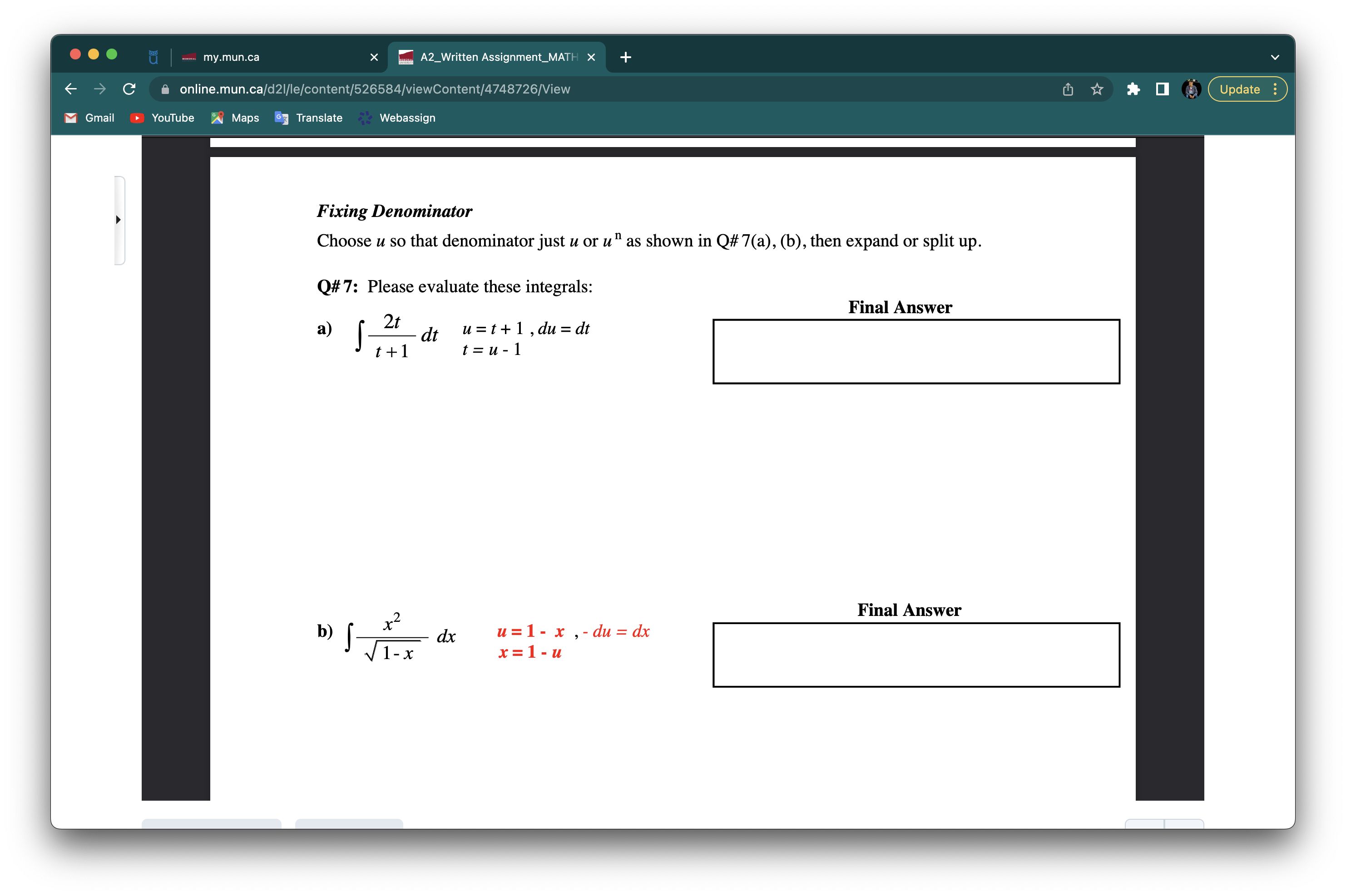(i.e. rewriting in u)5wash my.mun.ca X wil A2_Written Assignment_MATH X + ->