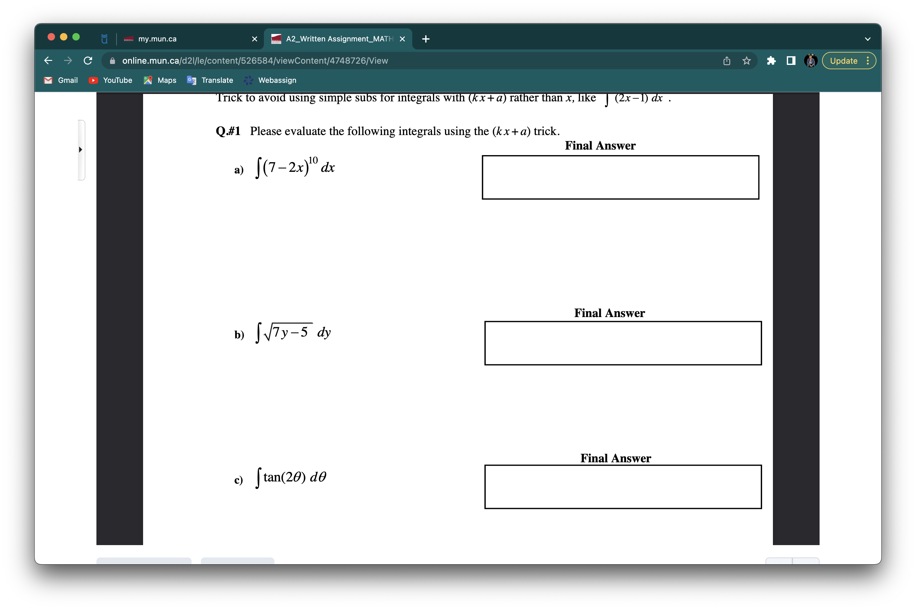 the following integrals using full simple sub (i.e. rewriting in u) For