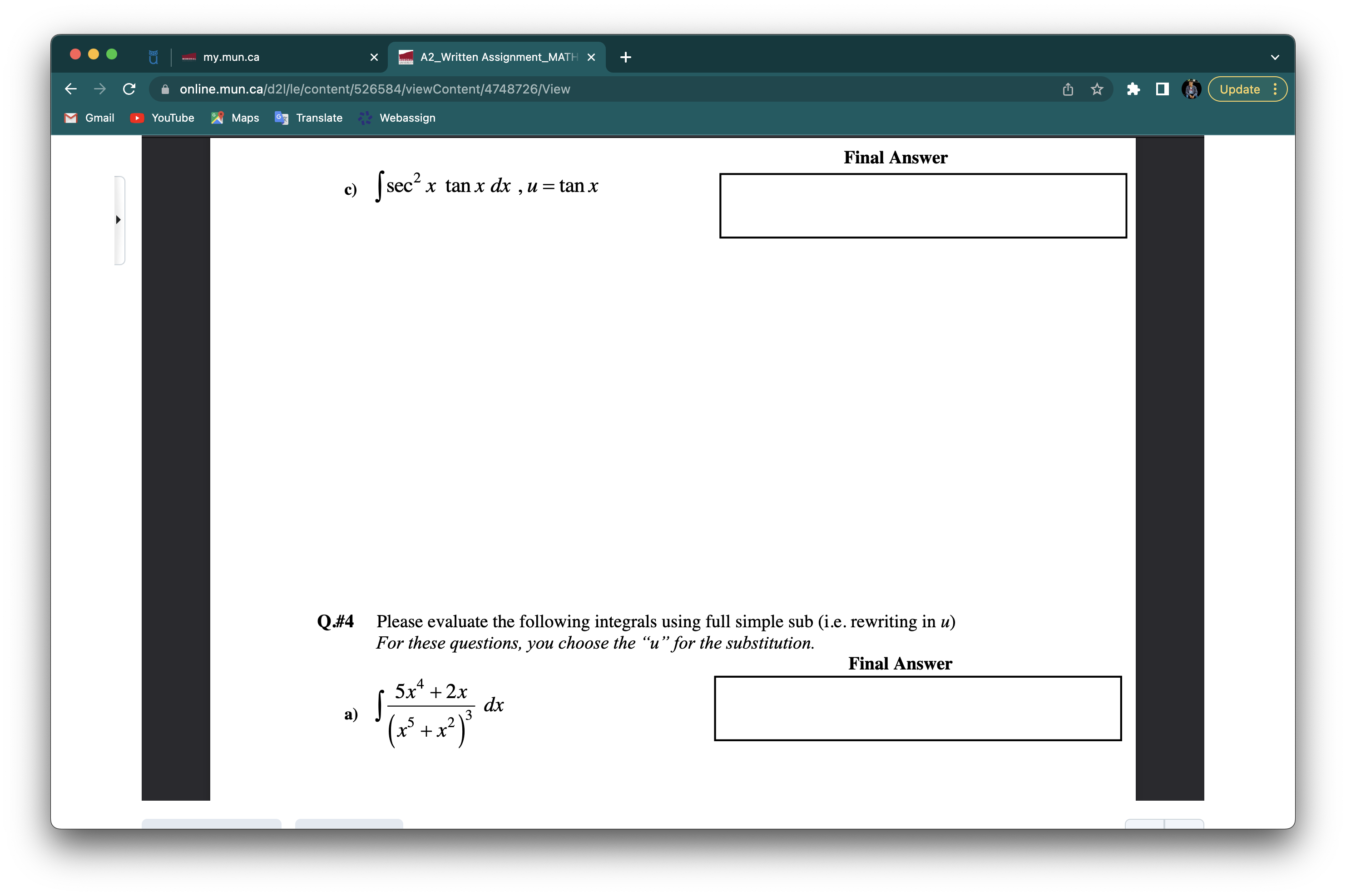 Translate Webassign Final Answer c) [sec x tan x dx , u
