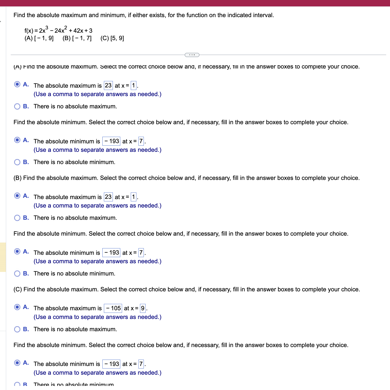 (A) [- 1, 9] (B) [ - 1, 7] (C) [5, 9]