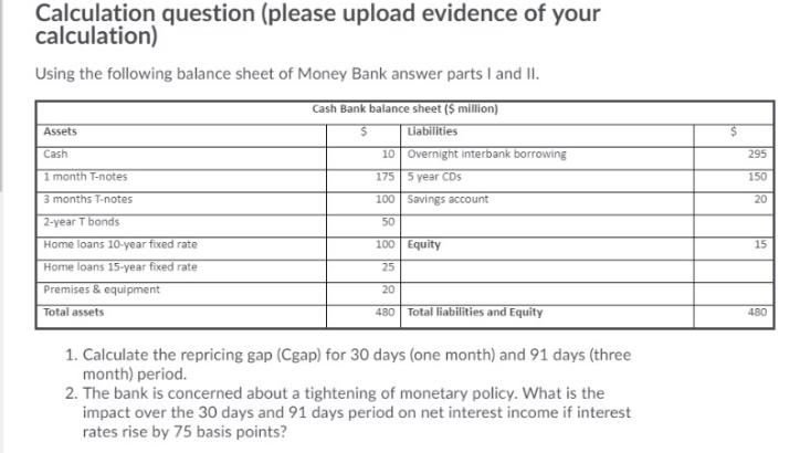 balance sheet of Money Bank answer parts I and II. Cash Bank