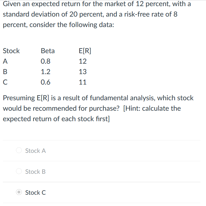 Given an expected return for the market of 12 percent, with a
