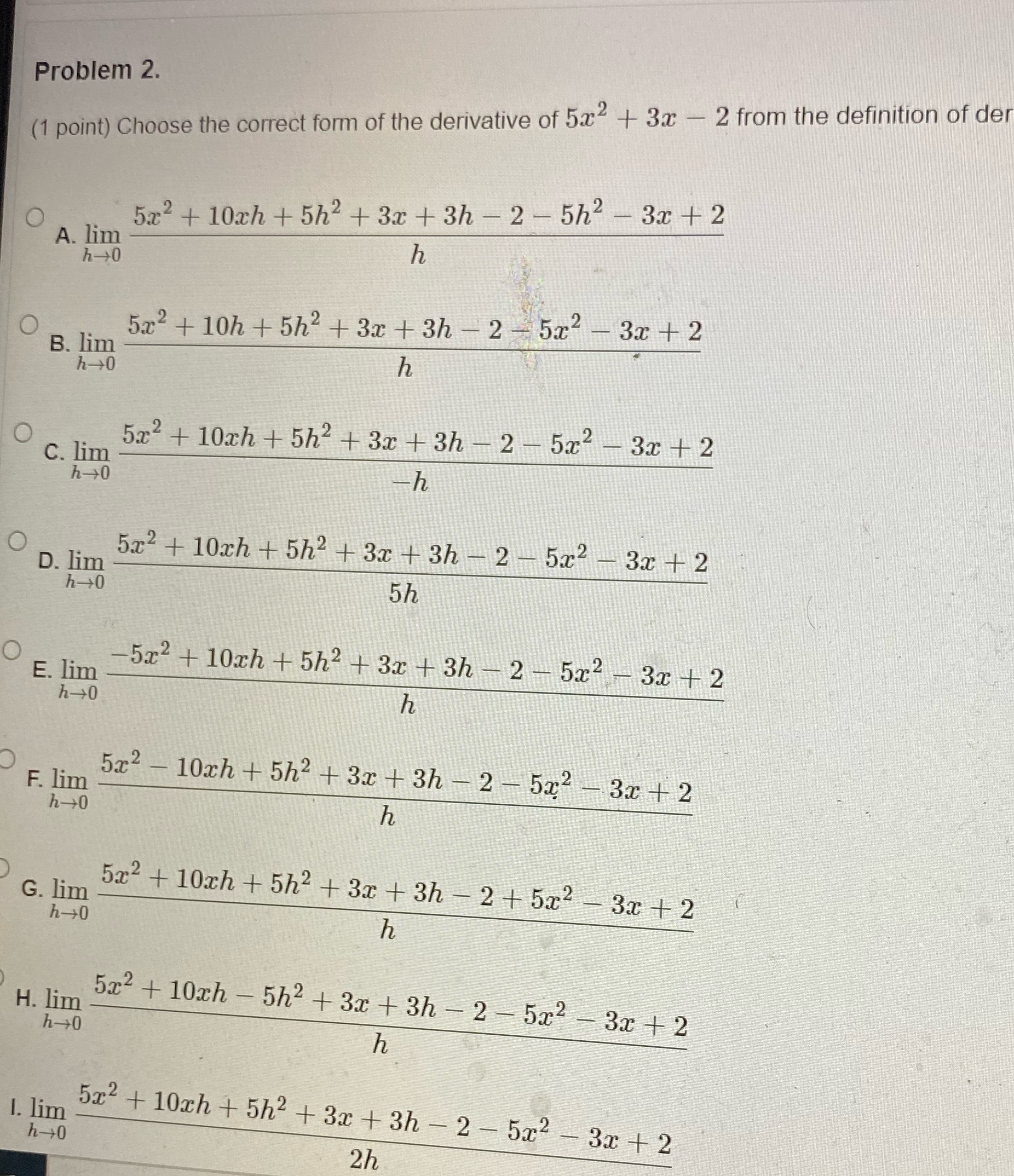 the derivative of 5x2 + 3x - 2 from the definition of