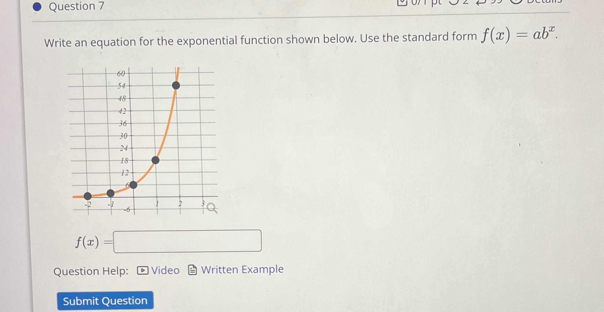 the exponential function shown below. Use the standard form f(a) = ab.