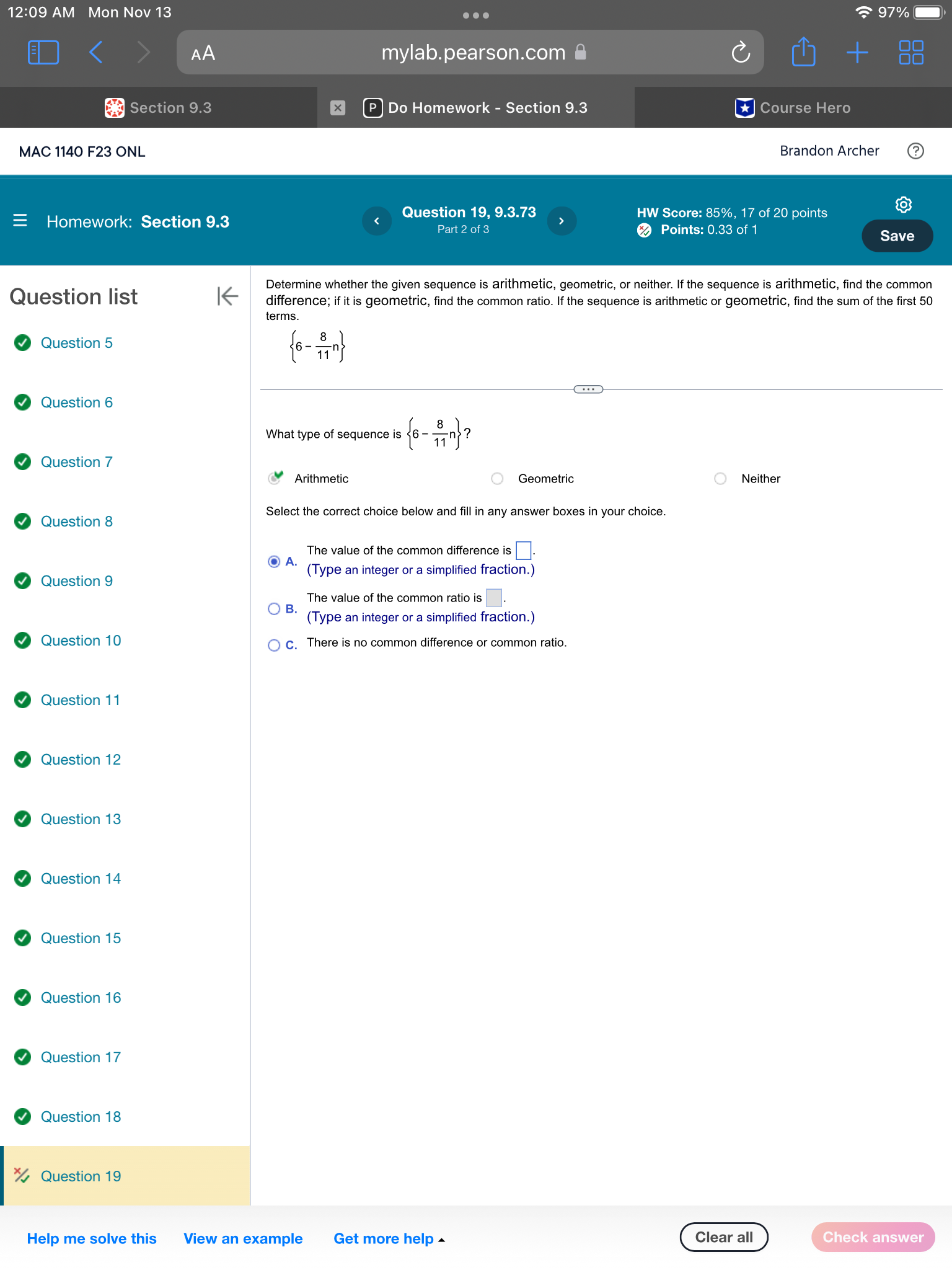 Section 9.3 MAC 1140 F23 ONL Brandon Archer Question 1 9.3.13 HW