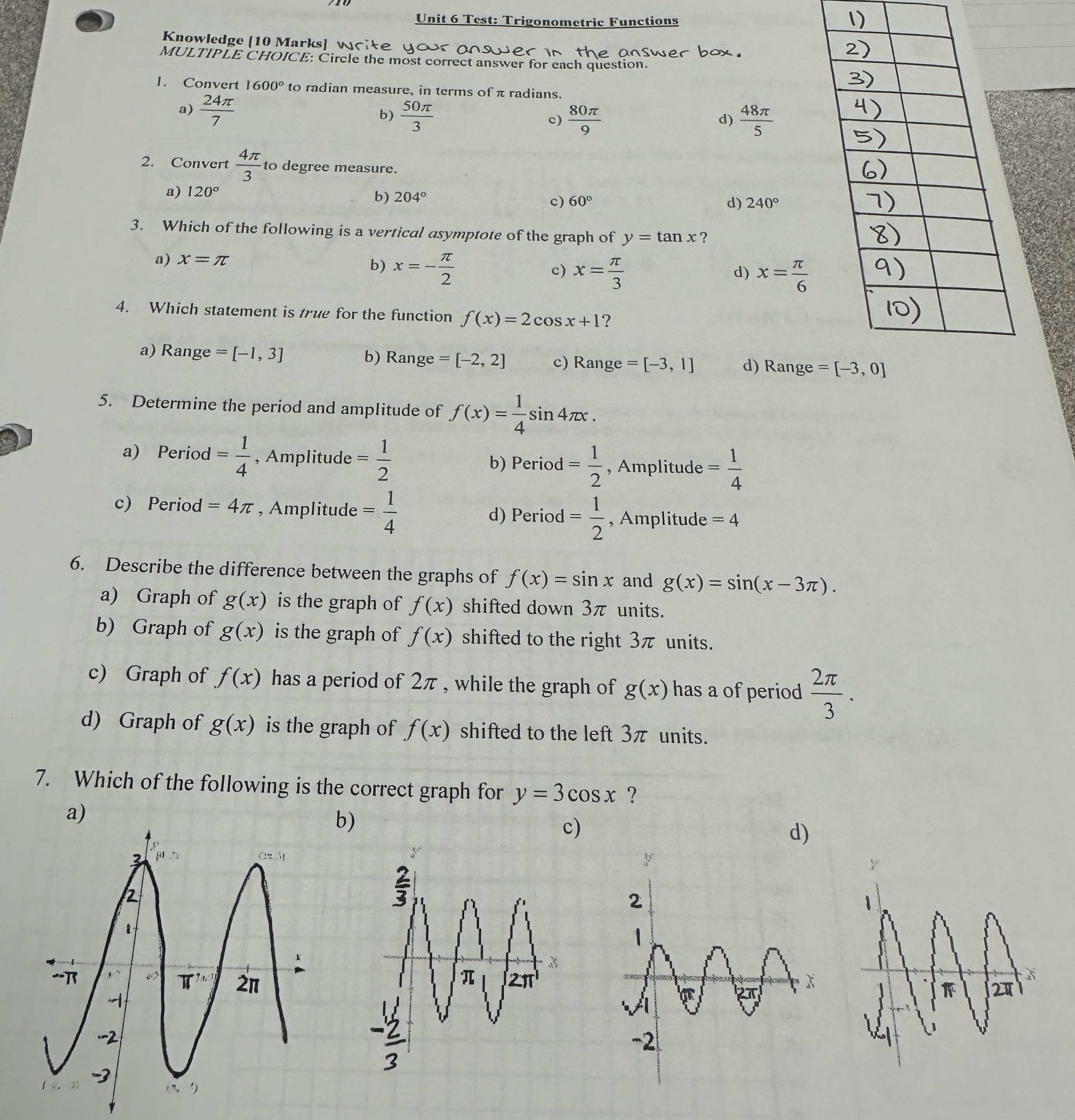  Unit 6 Test: Trigonometric Functions Knowledge (10 Marks) write your answer
