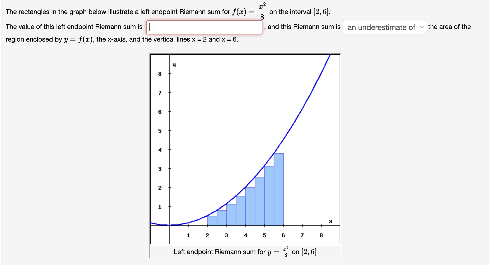 endpoint Riemann sum for at) : g on the interval [2, 6].