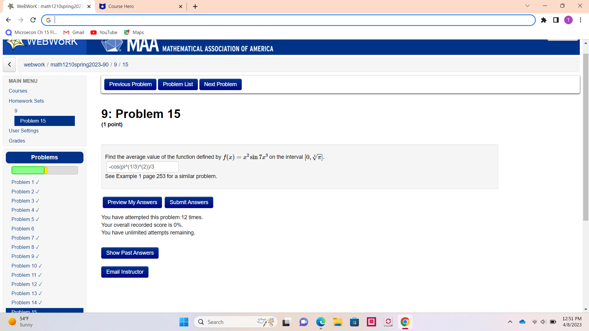  WeBWork : math 1210spring2023 x Course Hero X + O X