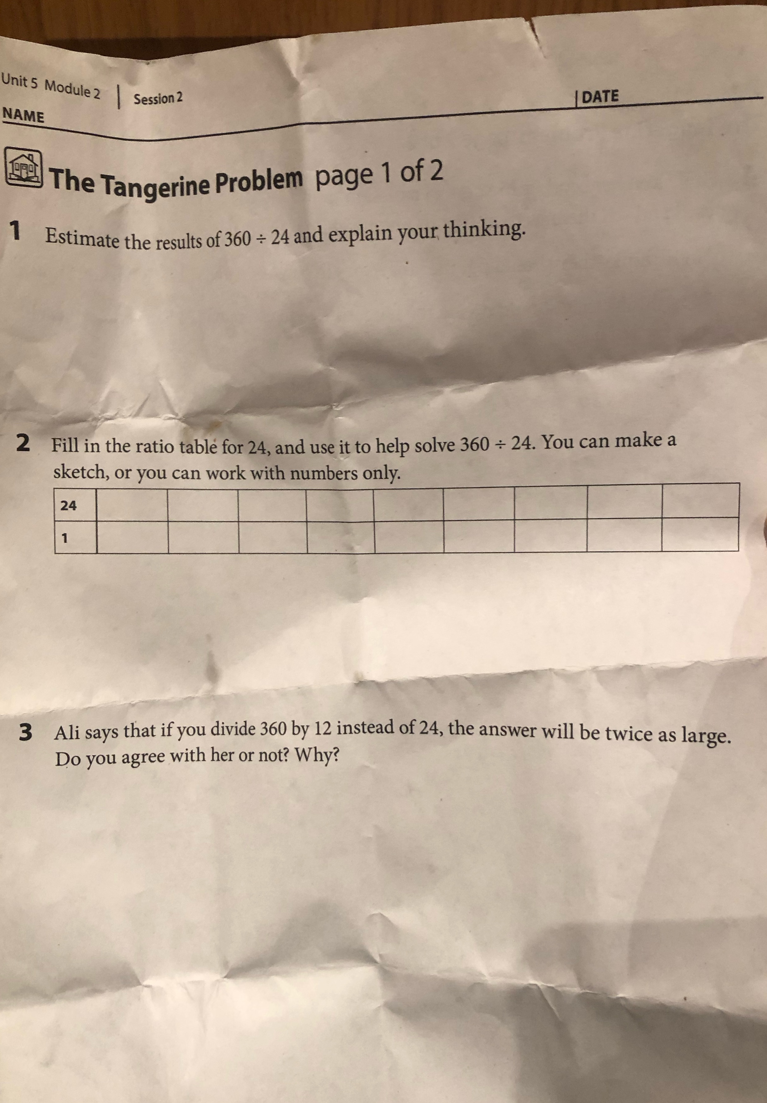 Unit 5 Module 2 Session 2 DATE NAME The Tangerine Problem