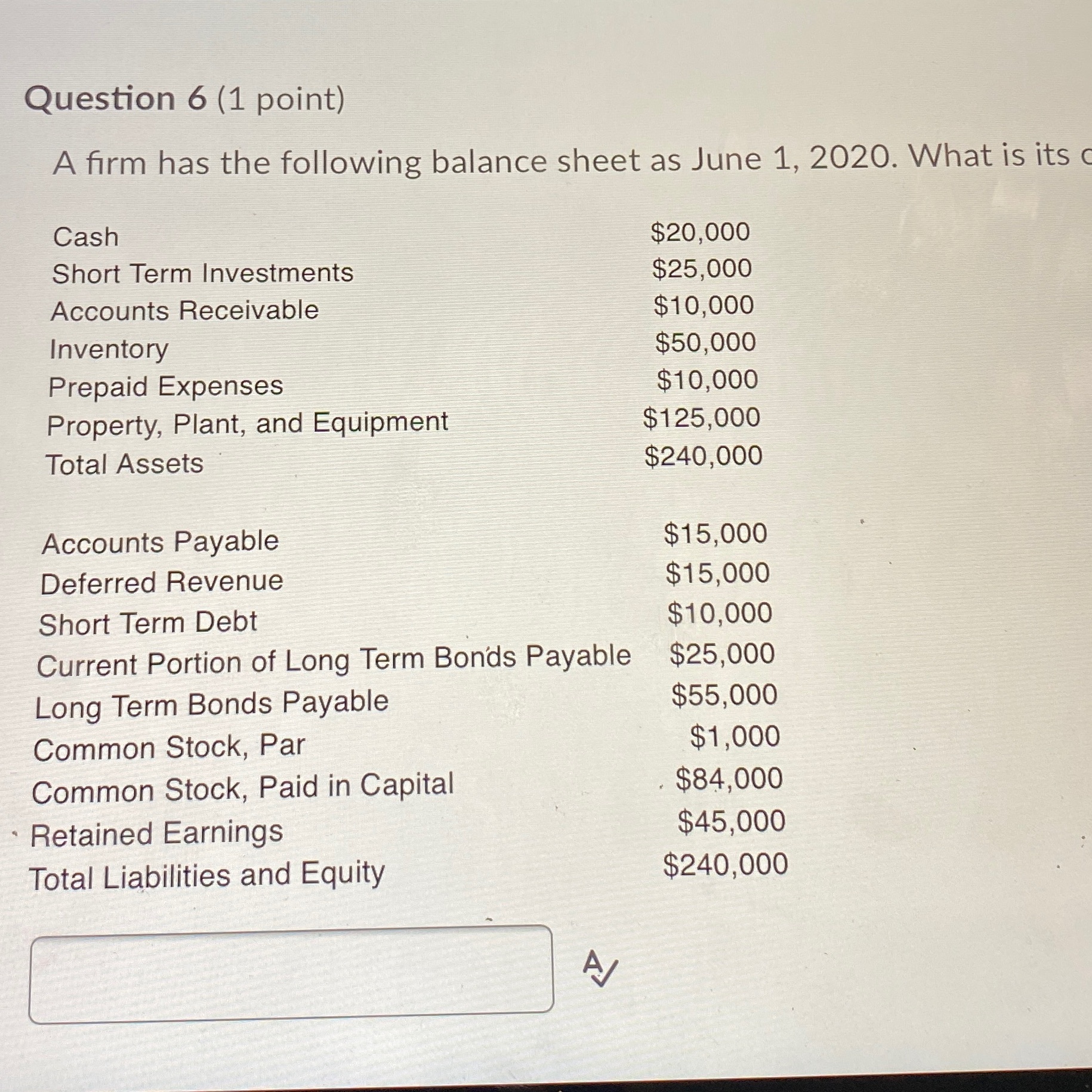 has the following balance sheet as June 1, 2020. What is its