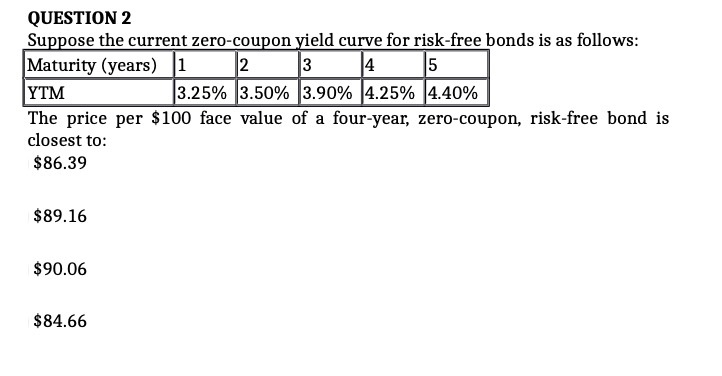  QUESTION 2 Suppose the current zero - coupon wield curve for