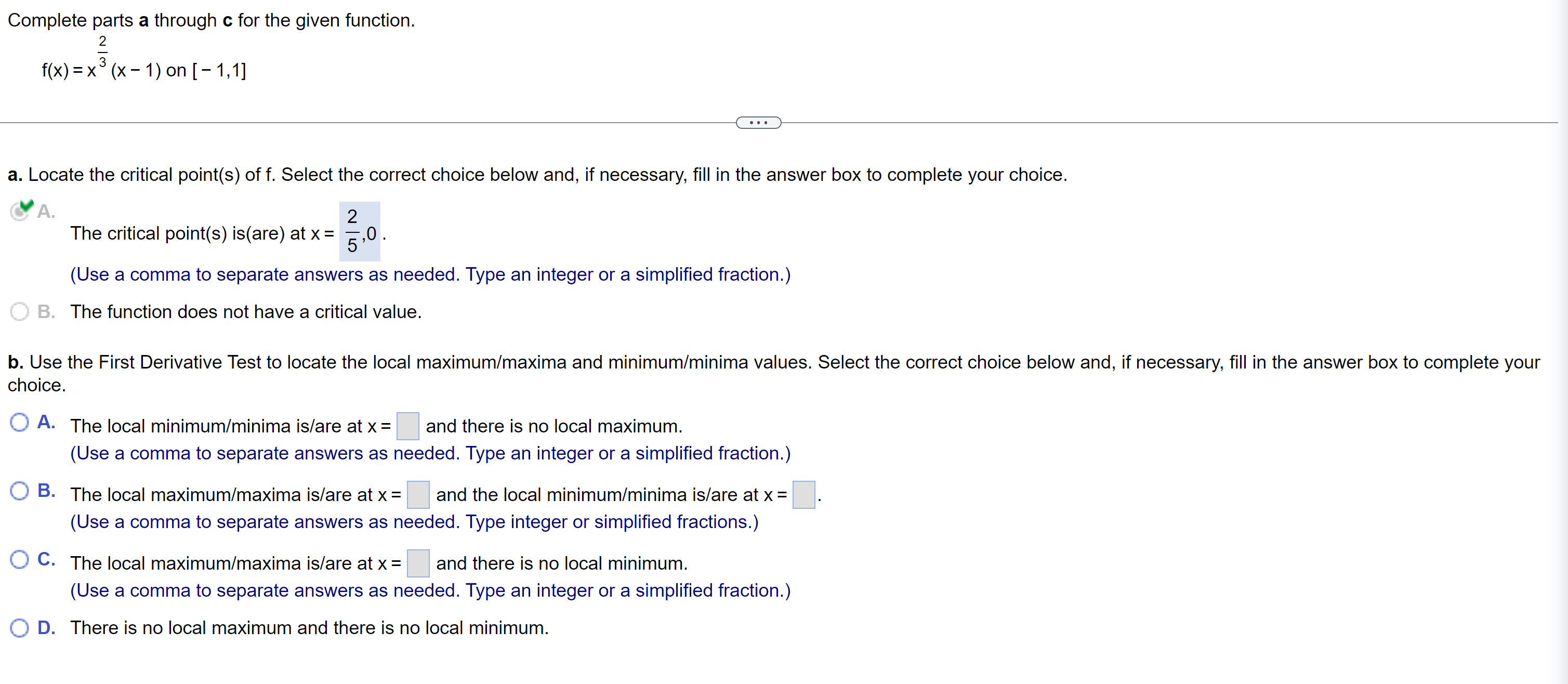  Complete parts a through c for the given function. 2 f(x)=x3(x1)on[1,1]