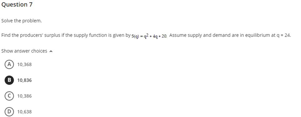 supply function is given by s(q) = 92 + 4q + 20.