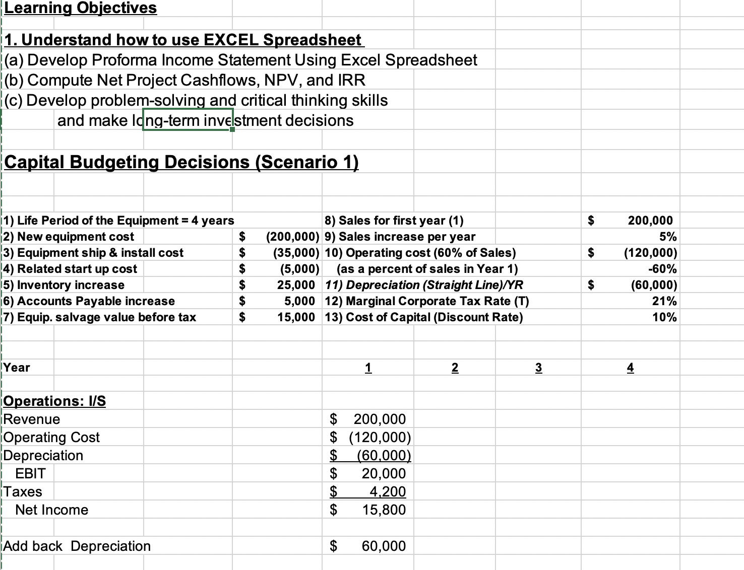  Learning Objectives 1. Understand how to use EXCEL Spreadsheet (a) Develop