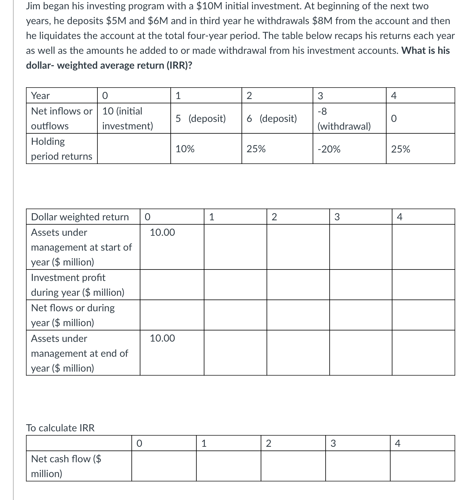 initial investment. At beginning of the next two years, he deposits $5M