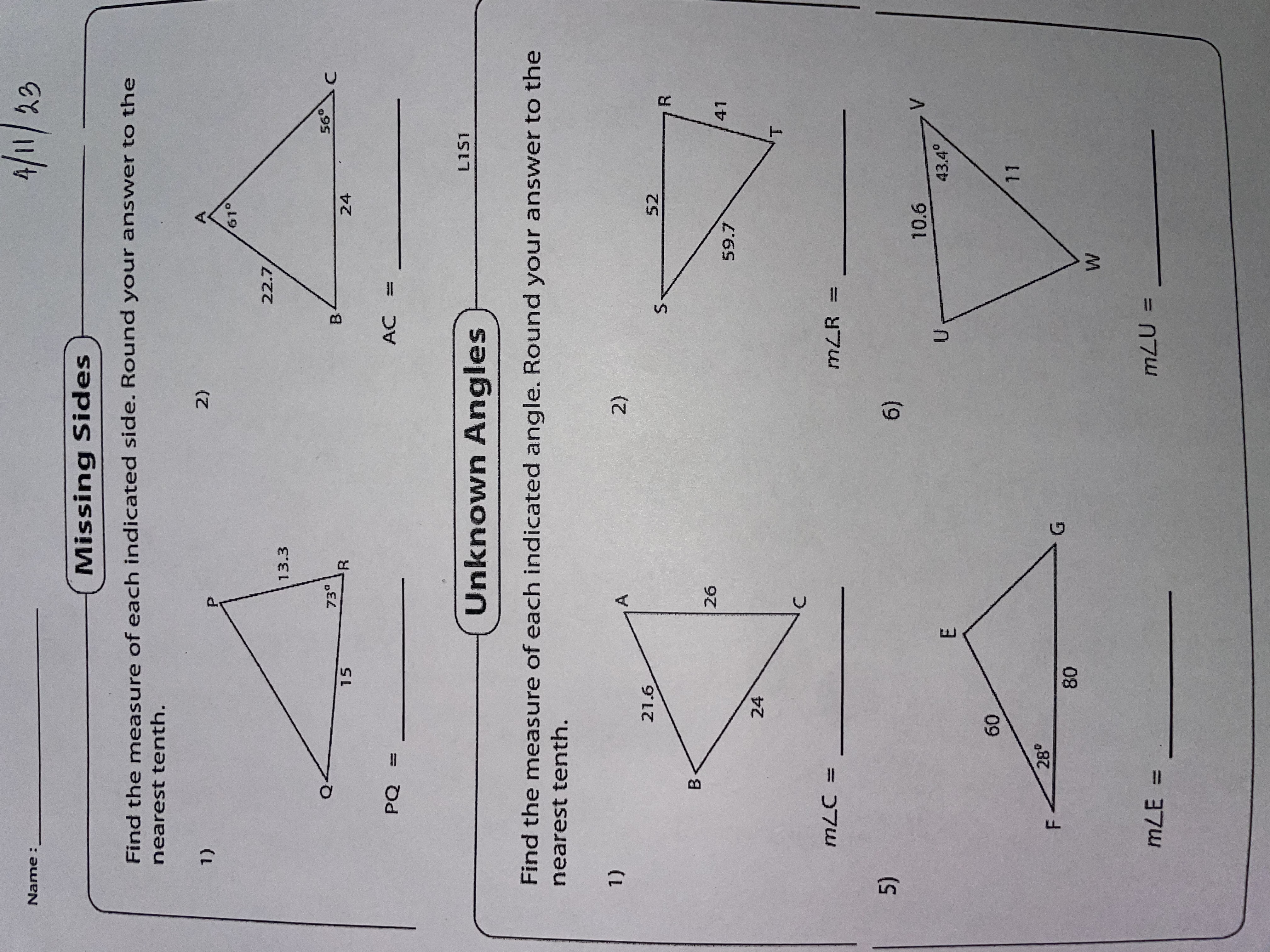 measure of each indicated side. Round your answer to the nearest tenth.