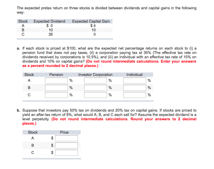  The expected pretax return on three stocks is divided between dividends