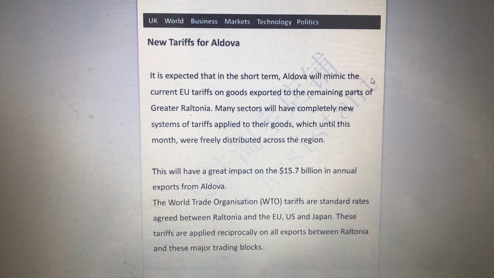 in the short term, Aldova will mimic the current EU tariffs on