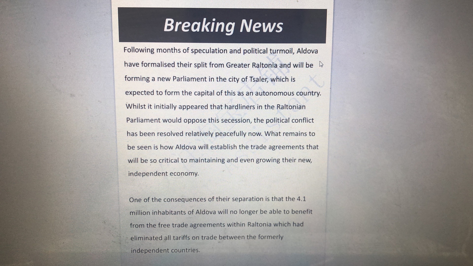 goods exported to the remaining parts of Greater Raltonia. Many sectors will