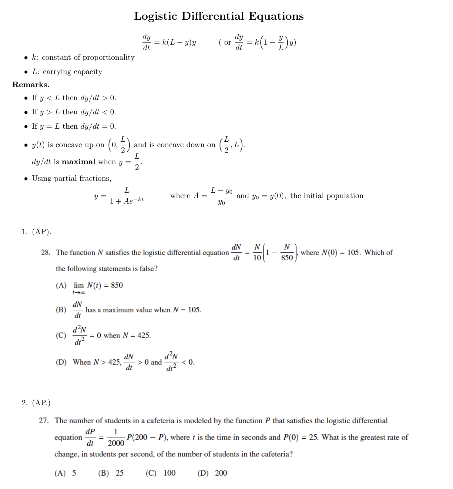 k(1 - " ) y) . k: constant of proportionality . L: