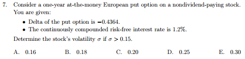 at-the-money European put option on a nondividend-paying stock. You are given: .