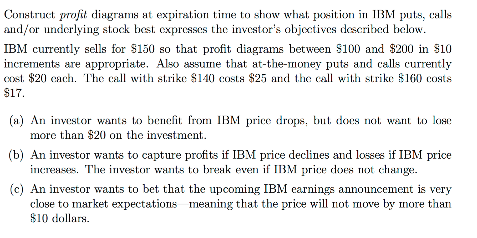 IBM puts, calls and/ or underlying stock best expresses the investor's objectives