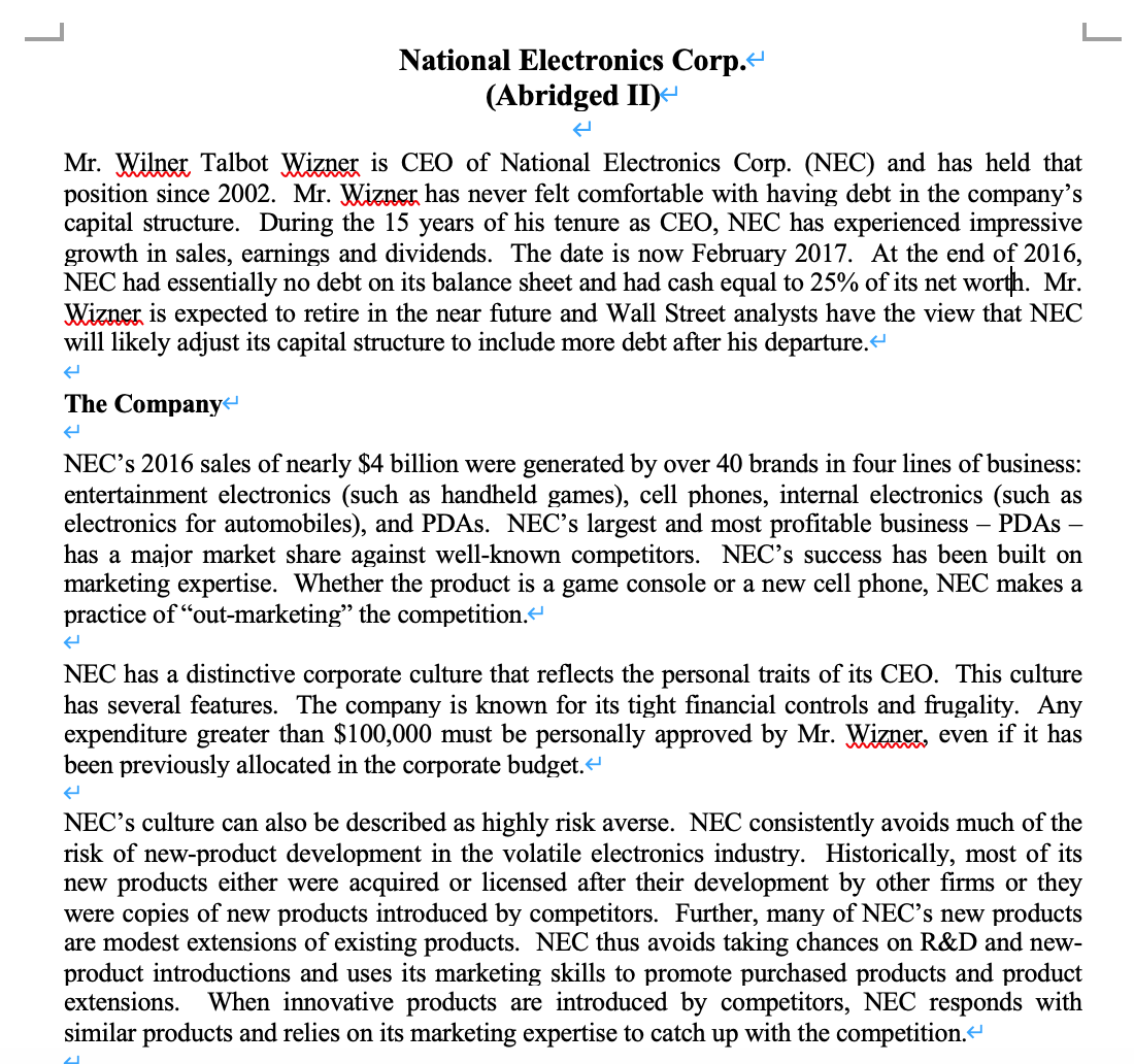 National Electronics Corp. (Abridged Mr. Talbot is CEO of National Electronics Corp.