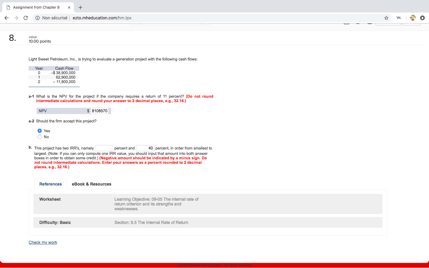 Assignment from Chapter 9 C Non securise | ezto.mheducation.com/hm.tpx 8. value: 10.00