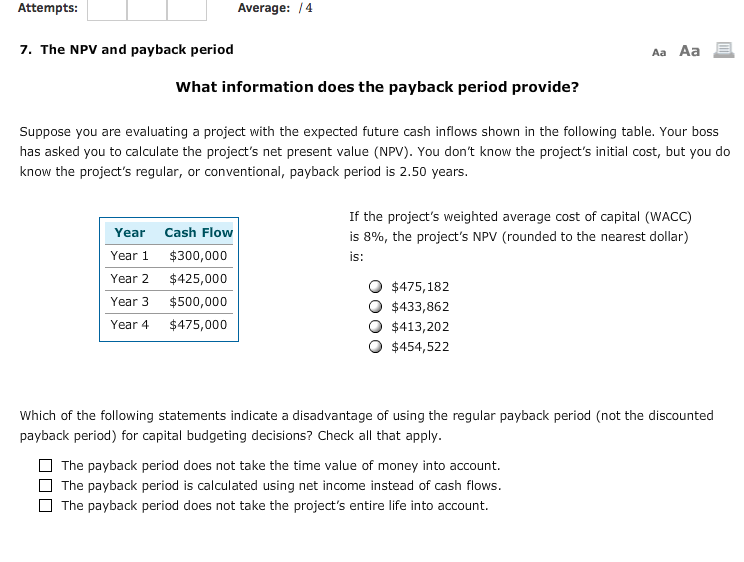  Attempts: Average: ,i 4 1'. 111e "PM and payback period An